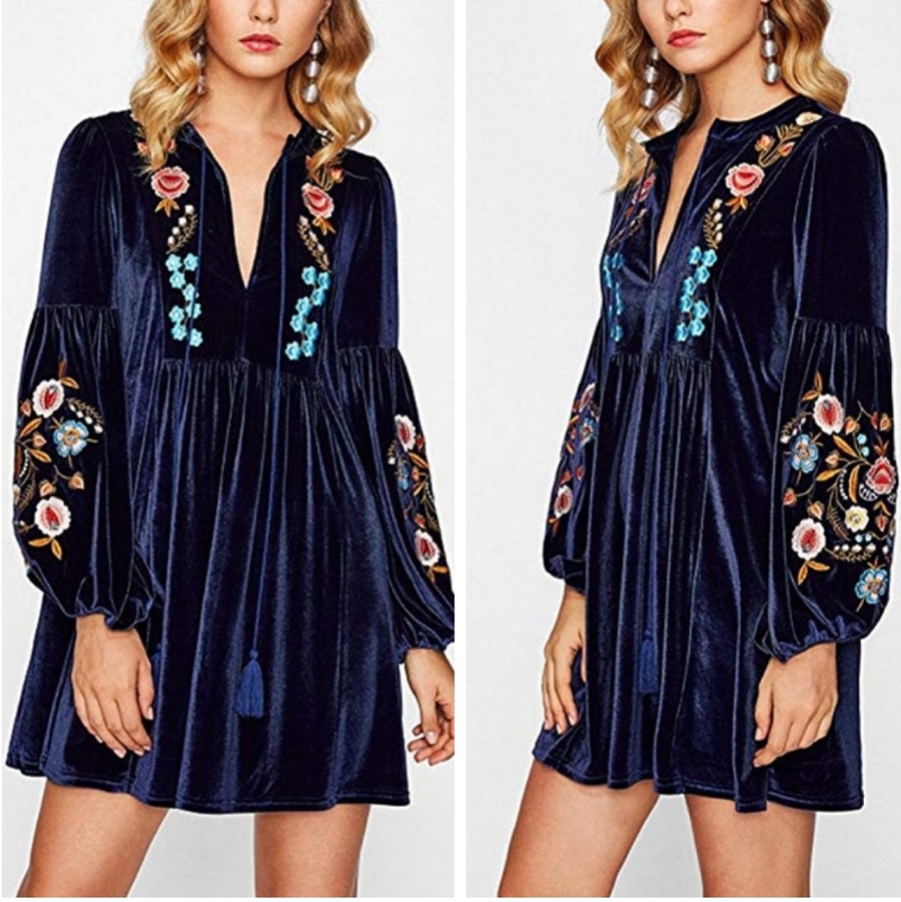 Boho velvet embroidered floral tunic dress (blue)